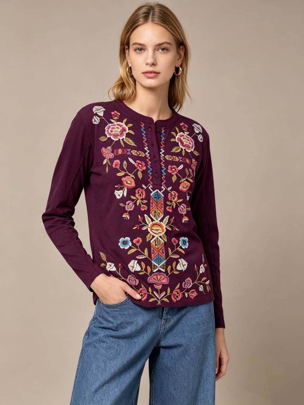 NWOT Johnny Was Anaya Floral-Embroidered Henley Top Tee Long Sleeve T-Shirt M